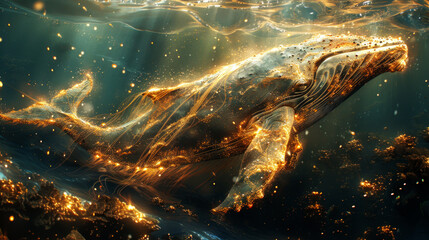 Wall Mural - Magic golden whale in deep ocean