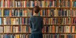 © Armin - A woman with her hair in a bun is standing in front of a large bookshelf in a well-organized library, filled with diverse books of various colors and sizes on wooden shelves.