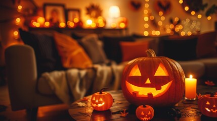 Wall Mural - Cozy Halloween-themed living room with glowing jack-o-lanterns illuminated by candlelight. Concept of autumn decor, holiday spirit, festive atmosphere, seasonal celebration
