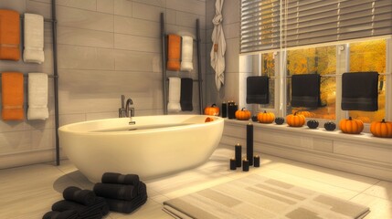Wall Mural - Modern bathroom interior with autumn decorations including black candles and small pumpkins near a white bathtub. Concept of home decor, autumn vibes, indoor design, Halloween decoration