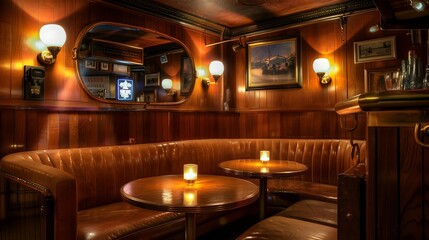 Wall Mural - cozy corner booth in a stylish bar with warm lighting.