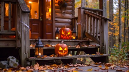Wall Mural - Spooky Halloween scene with carved pumpkins on the steps of a house. Concept of Halloween decorations, autumn ambiance, holiday festivity, and seasonal celebration