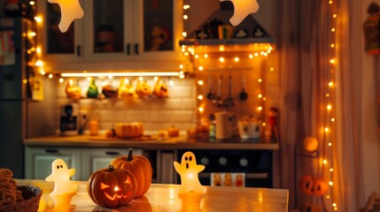 Wall Mural - Cozy Kitchen Decorated for Halloween Night. Concept of Festive Interior Design, Holiday Celebration and Seasonal Decoration