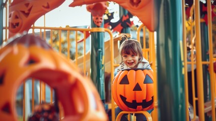 Young girl enjoying Halloween at a playground with a pumpkin. Concept of Halloween fun, childs play, festive decorations, autumn celebrations