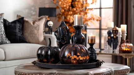 Wall Mural - Black glitter pumpkins with lit candles on a wooden tray in an elegant living room. Concept of Halloween decor, elegant interior design, festive home decorations, fall ambiance