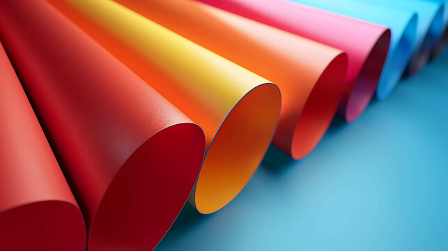 colorful 3d rendering of a stack of rolled up paper in various bright colors against a blue backgrou