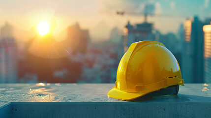 Poster - Safety helmet on a ledge against a backdrop of a cityscape at sunrise