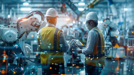 Poster - two engineers with tablet discuss automation in a tech-driven, busy manufacturing environment