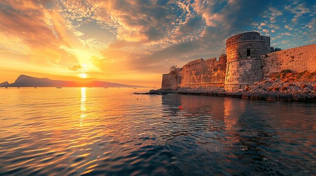 Beautiful golden sunrise over the sea and old fortress.