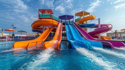 Wall Mural - Brightly colored water slide surrounded by lush greenery, inviting guests to slide down into the pool below on a sunny day.