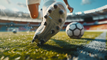 Wall Mural - A football player's legs kick the ball on the green grass