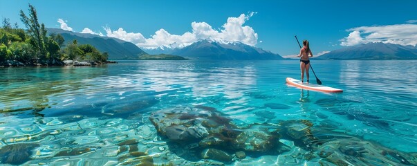 Poster - Peaceful Paddleboarding on a Tranquil Lake with Scenic Mountain Backdrop