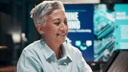 Poster - research, smile or mature businesswoman with tablet for futuristic career, machine learning or engin