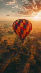 Wall Mural - Serene Hot Air Balloon Adventure Over Spectacular Serengeti Landscape at Sunset