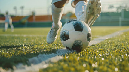 Wall Mural - A football player's legs kick the ball on the green grass