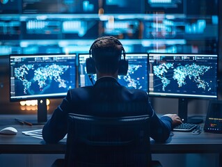 Poster - cybersecurity experts monitoring network vulnerabilities on multiple screens in a control room
