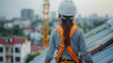 Poster - Female engineer in hard hat and safety vest surveying a building site from behind