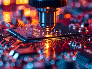 Poster - Nanotechnology researchers arranging atoms on a high tech integrated circuit chip