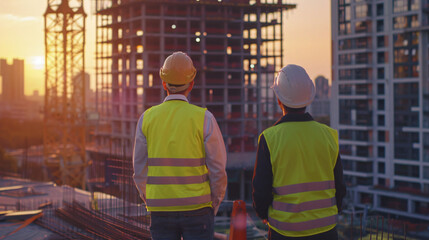 Poster - Two construction engineers in safety gear survey a building site as the sun sets
