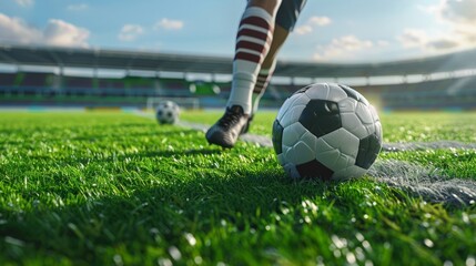 Wall Mural - A football player's legs kick the ball on the green grass