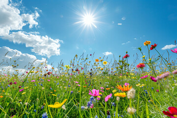 Beautiful spring meadow with colorful wild flowers under a blue sky and sun rays, in a wide angle.