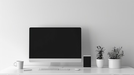 Poster - A minimalist office setup with a computer monitor and keyboard, leaving plenty of white space for text
