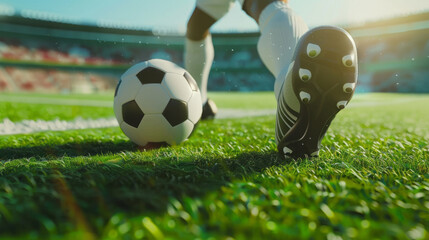 Wall Mural - A football player's legs kick the ball on the green grass