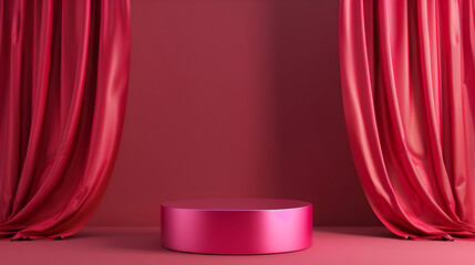 Poster - Cylinder podium covered with cloth on a red background,3d render, abstract background with red cloth and rose petals,Cylinder podium covered with cloth on a red background
