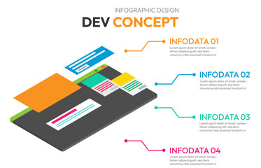 Isometric Infographic design with 4 options leves or steps. Infographics for developer concept. Can be used for presentations banner, workflow layout, process diagram, flow chart, info graph