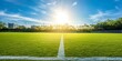 © Armin - A stunning outdoor soccer field under the bright sun with perfectly manicured green grass and a white dividing line in the center, against a backdrop of a vibrant blue sky and distant apartments.