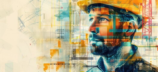 Wall Mural - A construction worker wearing a hard hat is looking at the camera He is standing in front of a blue print of a building The image is in a watercolor style. AIGZ01