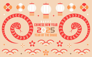 Poster - Happy chinese new year 2025  the snake zodiac sign with flower,lantern,pattern,cloud asian elements flat design style on color background. (Translation : happy new year 2025 year of the snake)

