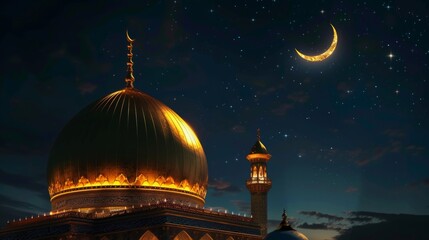 Wall Mural - Golden dome of a grand mosque illuminated at night, with crescent moon and stars visible in the sky, creating a mesmerizing and spiritual scene 