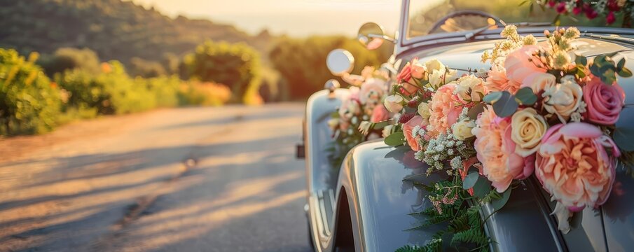 wedding car focus on a vintage wedding car with just married sign and floral decorations, with a sce