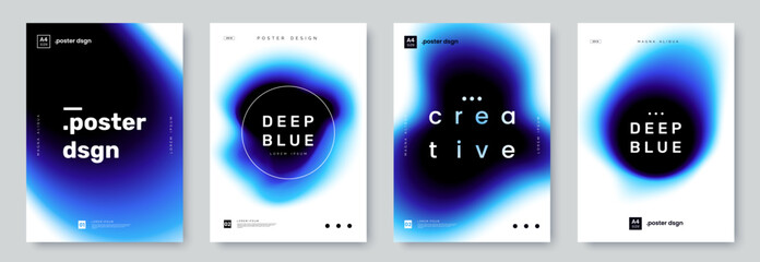 Collection of A4 posters with curved dark blue shape on white background. Modern abstract blue banner design with blurred blob and place for text. Ideal for flyer, booklet, cover, ad.