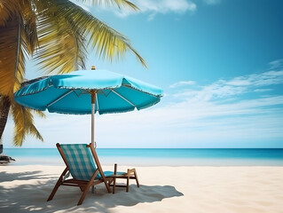 Wall Mural - Beautiful beach. Chairs on the sandy beach near the sea. Summer holiday and vacation concept for tourism. Inspirational tropical landscape