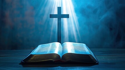 Wall Mural - open Holy Bible with blue christian cross with sun rays and smoke, on blue background for overlay