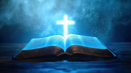 open Holy Bible with blue christian cross with sun rays and smoke, on blue background for overlay