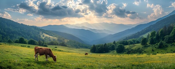 Wall Mural - tranquil mountain meadow with grazing cattle at sunset