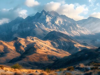 Wall Mural - Majestic Mountain Range with Dramatic Lighting and Shadow Play Conveying Serene Natural Tranquility and Sublime Grandeur of the Untamed Wilderness