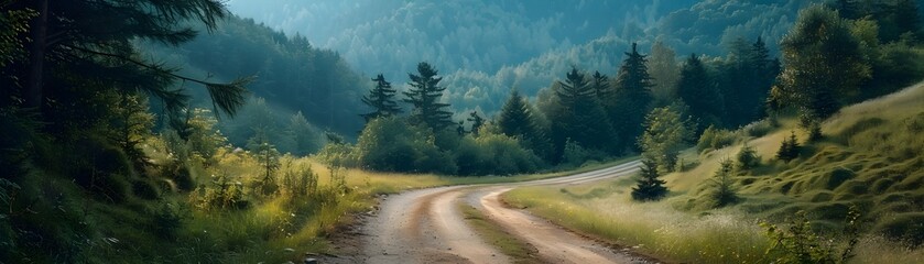 Canvas Print - Winding Mountain Road Through Lush Forest Landscape Inviting Scenic Nature and Adventure