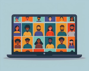 Poster - diverse virtual team members collaborating remotely on laptop computer screen for online business an