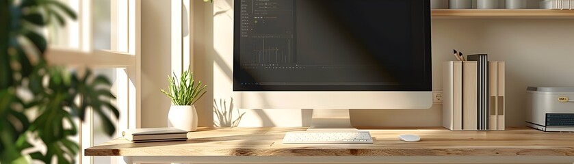 Poster - organized and inspiring professional workspace with modern computer and motivational decor for produ