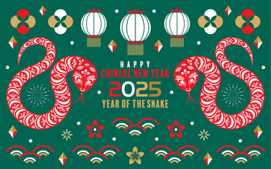 Wall Mural - Happy chinese new year 2025  the snake zodiac sign with flower,lantern,pattern,cloud asian elements flat design style on color background. (Translation : happy new year 2025 year of the snake)
