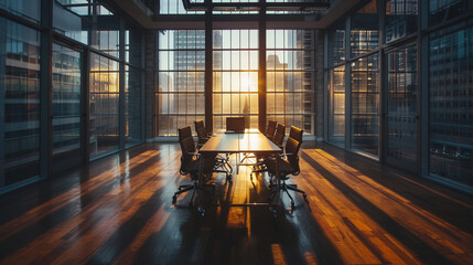 Wall Mural - Empty modern office meeting room with a large window overlooking a city skyline at sunset