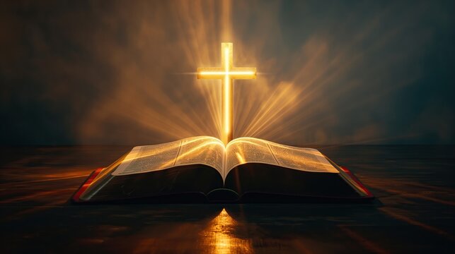 open Holy Bible with christian cross with sun rays and smoke, background for overlay