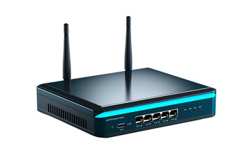 High-tech wireless router with multiple Ethernet ports and antennae, suitable for home and office networking solutions.