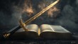 © Schmidt - open Holy Bible book with spirit sword on top with epic clouds and smoke, on dark background for overlay. concept of God protection