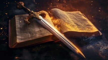Poster - open Holy Bible book with spirit sword on top with epic clouds and smoke, on dark background for overlay. concept of God protection