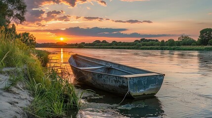 Wall Mural - Elegant metal boat outline on a river during a summer evening